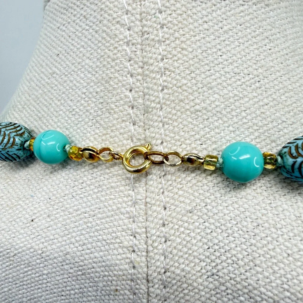 Vintage Egyptian‎ Revival Faience Ceramic Bead Gold Scarab Necklace